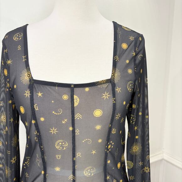Noisy May Size M Top Sheer Celestial Zodiac Corset Mesh Long Sleeve Goth Witchy - Picture 3 of 15